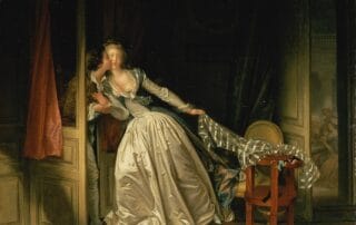 Une femme en robe élégante, légèrement surprise, se penche vers un homme qui lui vole un baiser dans l'embrasure d'une porte, dans une scène intime et élégante typique du style rococo.