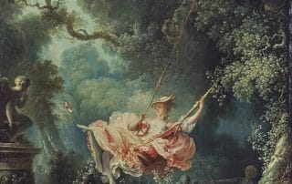 Peinture rococo de Jean-Honoré Fragonard représentant une scène de séduction où une jeune femme se balance sur une balançoire, dévoilant ses jambes à un homme caché en dessous, tandis qu'un autre homme tire la corde.