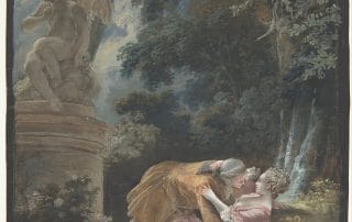Peinture de Pierre-Antoine Baudouin représentant un couple en tenue d'époque s'étreignant dans un cadre nocturne romantique, sous le regard silencieux d'une statue de Cupidon, exposée au MET de New York.
