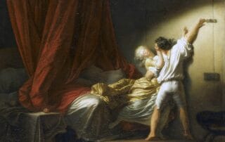 Un homme en chemise blanche, verrouillant une porte avec une femme vêtue d'une robe dorée, éclairée par une lumière dramatique dans une scène intime et théâtrale.