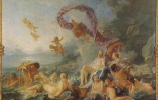 Peinture de François Boucher représentant la déesse Vénus entourée de personnages mythologiques et de scènes de sensualité et de plaisir.