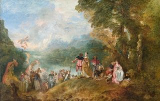 Tableau rococo représentant des couples élégants dans un paysage bucolique, prêts à embarquer sur un bateau vers l’île de Cythère, symbole de l’amour et du plaisir.