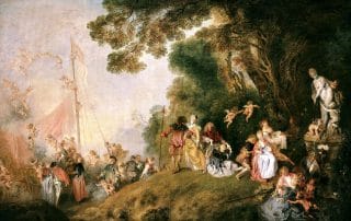 Peinture représentant un groupe de personnages élégants dans un paysage verdoyant, échangeant des gestes tendres et complices. Une statue de Vénus est visible à droite, entourée de cupidons. À gauche, un bateau doré attend les passagers sous un ciel lumineux et vaporeux.