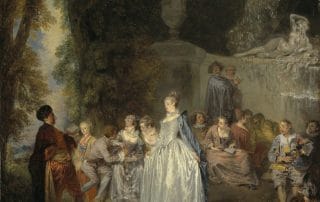 Un couple élégant est assis dans un jardin, l’homme jouant du luth tandis que la femme l’écoute avec une expression énigmatique. Des personnages masqués et costumés évoquent un bal ou une fête secrète.