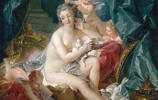 "Peinture rococo La Toilette de Vénus de François Boucher, représentant la déesse de l’amour dans un moment intime et sensuel, symbole de liberté féminine et d’émancipation du désir."
