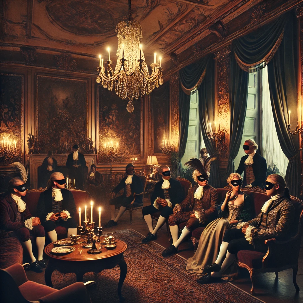 Salon intime et secret du XVIIIe siècle avec des invités masqués, principalement des hommes, créant une atmosphère mystérieuse et raffinée.
