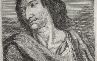 Gravure en noir et blanc représentant Savinien de Cyrano de Bergerac, écrivain et penseur libertin du XVIIe siècle, avec des cheveux longs et une expression songeuse, vêtu d’un manteau drapé sur l’épaule.