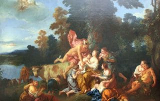 Mercure remet Bacchus enfant aux nymphes joyeuses et lascives dans une clairière, scène mythologique imprégnée d’érotisme et de festivité.