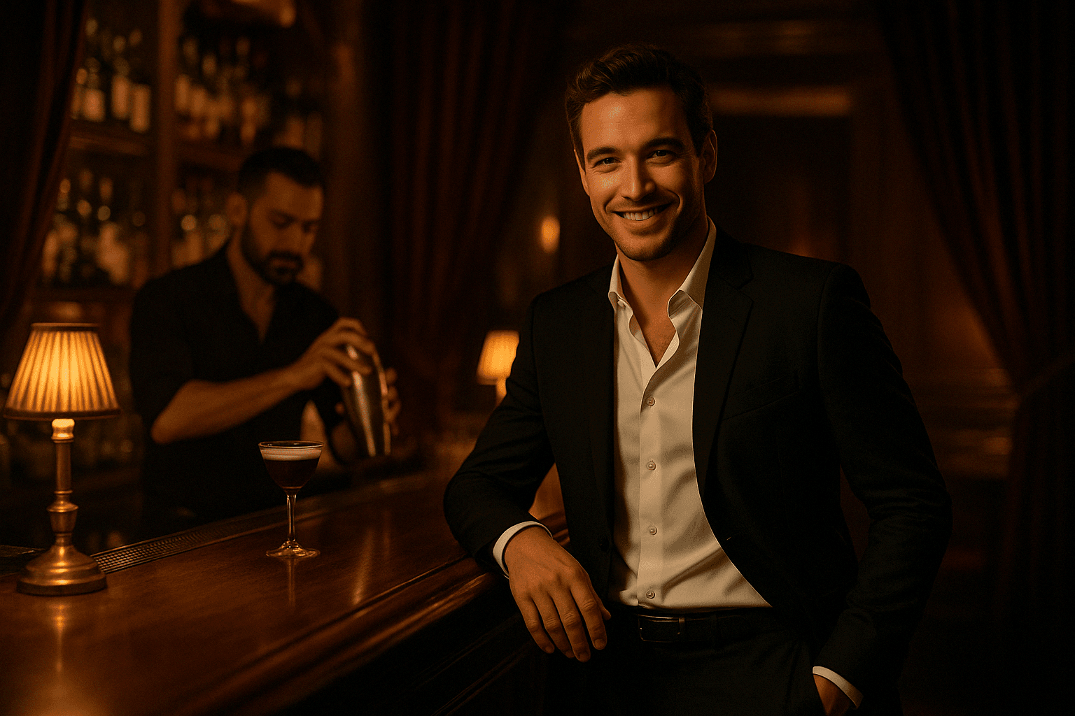 Un homme élégant en costume noir et chemise blanche, accoudé avec aisance au comptoir d’un speakeasy tamisé, souriant comme pour inviter discrètement à le rejoindre. En arrière-plan, un barman prépare un Espresso Martini.