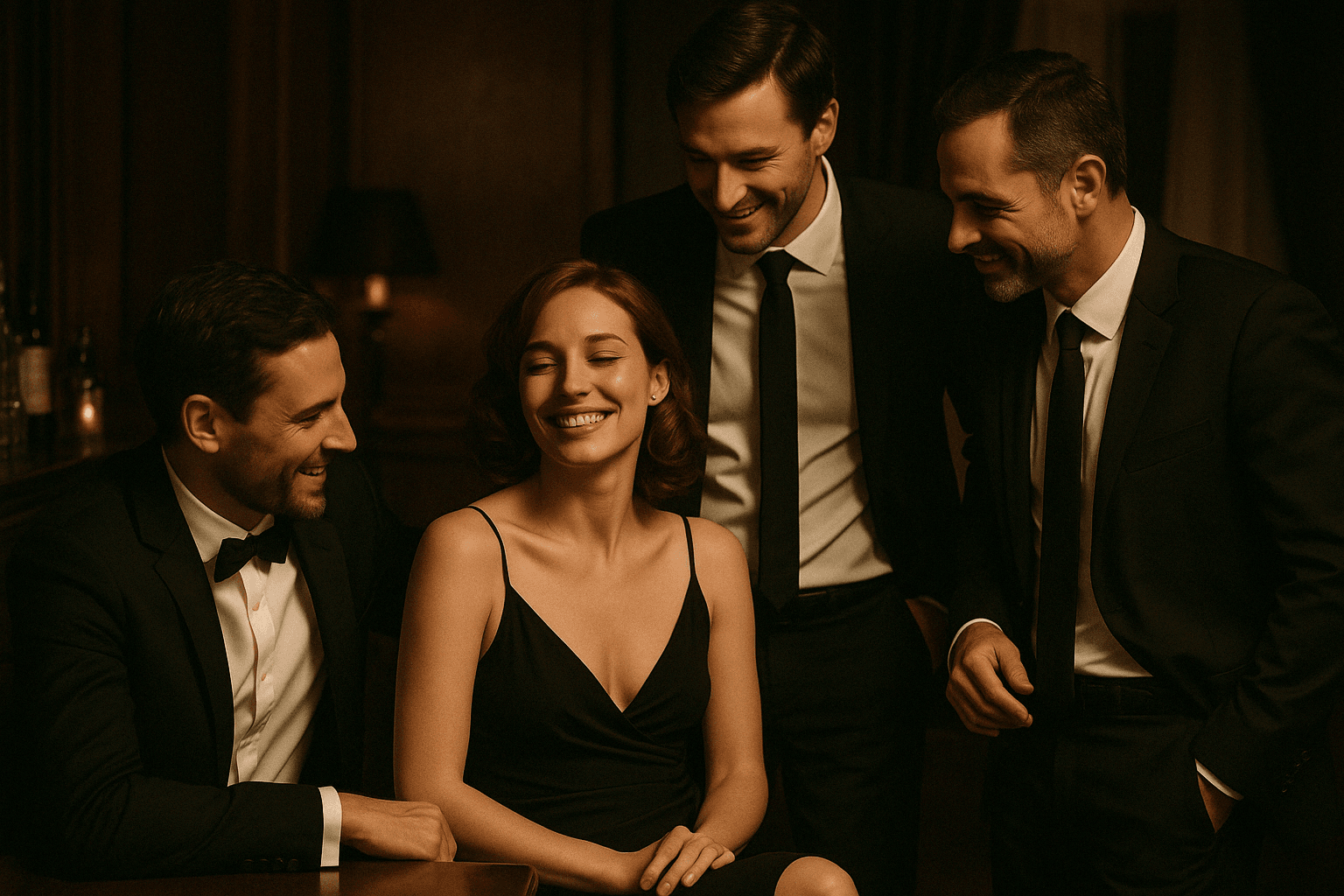 Une femme souriante en robe noire est entourée de trois hommes élégants en costume, échangeant des regards complices dans l’ambiance feutrée d’un speakeasy chic.