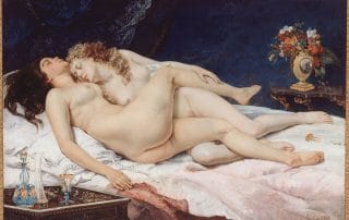 Peinture de deux femmes nues allongées l’une contre l’autre dans un lit, enlacées dans un sommeil paisible et sensuel.