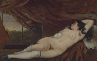 Peinture représentant une femme nue couchée de profil sur un lit, les draps froissés, dans une lumière douce. Son corps détendu évoque l’abandon post-orgasmique.