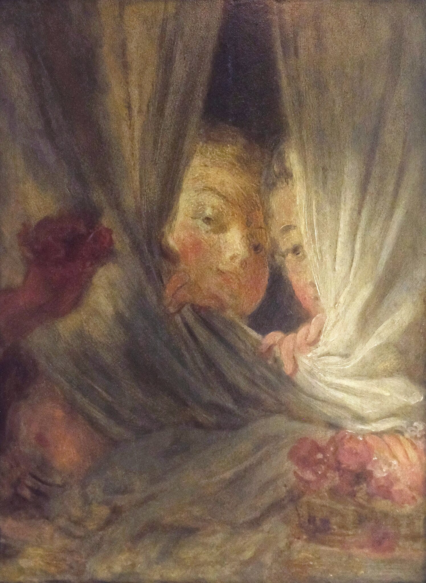 Peinture de Fragonard montrant deux jeunes femmes soulevant un rideau pour observer une scène invisible, dans une posture de curiosité espiègle et complice.
