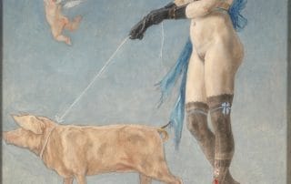Illustration représentant une femme nue, drapée d’un simple ruban, les yeux bandés, marchant fièrement tout en tenant un cochon noir en laisse. Elle avance sur un décor antique, symbolisant la domination du désir féminin sur les instincts masculins.