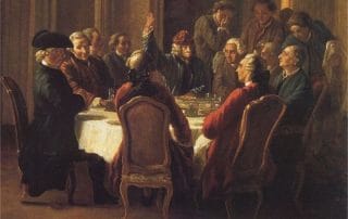 Peinture du XVIIIᵉ siècle montrant un groupe de philosophes et intellectuels réunis autour d’une table dans un salon, discutant avec animation, symbole du passage du libertinage intellectuel aux idéaux collectifs des Lumières.