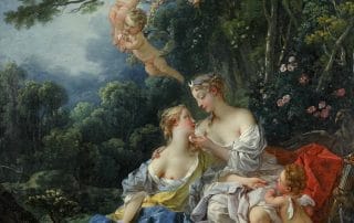 Tableau Jupiter et Callisto de François Boucher représentant Jupiter travesti en Diane séduisant la nymphe Callisto, une scène sensuelle et transgressive illustrant la liberté contre la culpabilité morale.