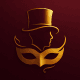 Logo doré sur fond bordeaux représentant un masque vénitien stylisé surmonté du profil d’un homme portant un haut-de-forme, incarnant l’élégance, la discrétion et le mystère du Cercle des Libertins Disparus.