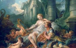 Tableau de François Boucher, « Renaud et Armide » (1734, Musée du Louvre) : un chevalier séduit par une magicienne, entourés de putti, symbole du désir qui réveille la vie.