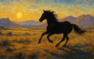 Peinture impressionniste d’un cheval criollo en silhouette galopant dans une plaine argentine au coucher du soleil.