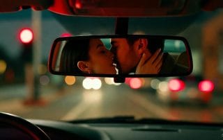 Couple s’embrassant passionnément dans le reflet du rétroviseur d’une voiture de nuit, avec des lumières floues de feux de circulation en arrière-plan.