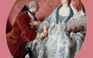 Couverture rose de « Les Voyages de Casanova » avec médaillon montrant un gentilhomme et une dame en tenue d’époque conversant dans un salon rococo.