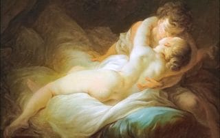 Tableau L’Instant désiré de Jean-Honoré Fragonard représentant un couple enlacé sur un lit, baigné d’une lumière dorée, symbole du désir et de la sensualité rococo du XVIIIᵉ siècle.