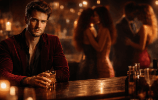 Homme seul assis au bar dans une ambiance sensuelle et feutrée, incarnant la solitude assumée et la liberté individuelle dans le libertinage.