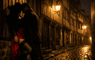 Silhouettes d’un homme et d’une femme en tension sensuelle dans la rue du Chapitre à Rennes, de nuit, sous un lampadaire, devant des maisons à colombages.