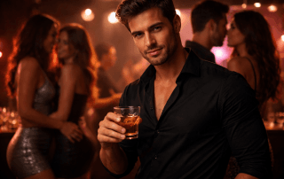 Homme libertin en solo, élégant et confiant, debout au bar d’un club libertin, observant des couples dans une ambiance nocturne et sensuelle.