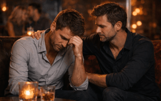 Deux hommes assis dans un lieu intimiste, l’un visiblement en détresse, l’autre lui apportant un soutien discret et bienveillant par un geste de réconfort, illustrant la solitude masculine et l’importance de l’écoute et de la présence humaine.