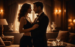 Couple élégant très proche dans un salon privé luxueux éclairé par une lumière chaude, tension sensuelle et atmosphère libertine cinématographique.