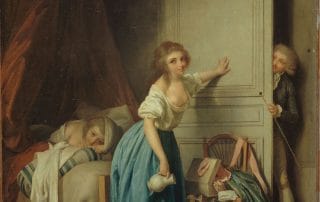 Scène libertine peinte par Boilly montrant une femme près d’une porte entrouverte, un homme indiscret qui observe et une autre femme alanguie sur un lit, illustration du regard, du secret et du consentement.