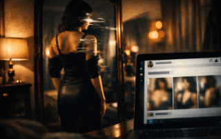 Personne devant un miroir avec reflet flouté et glitch numérique illustrant la manipulation d’images par intelligence artificielle sur les réseaux sociaux