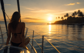 Femme sensuelle sur un voilier au coucher du soleil face à une île tropicale dans une atmosphère intime et libertine