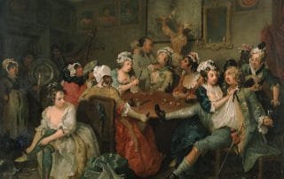 Scène de taverne libertine peinte par William Hogarth, évoquant l’excès, le désir, la morale et la liberté des corps au XVIIIe siècle.