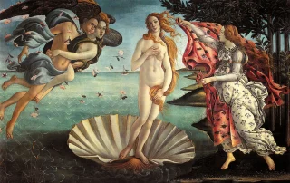 La Naissance de Vénus de Sandro Botticelli représentant la déesse Vénus émergeant d'un coquillage, symbole de la beauté, du désir féminin, de la sensualité et de la Renaissance italienne.