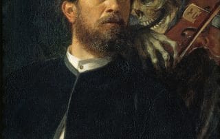 Autoportrait du peintre suisse Arnold Böcklin observé par la Mort jouant du violon derrière son épaule, symbole de la fragilité de la vie, du temps qui passe et de la conscience de notre mortalité.