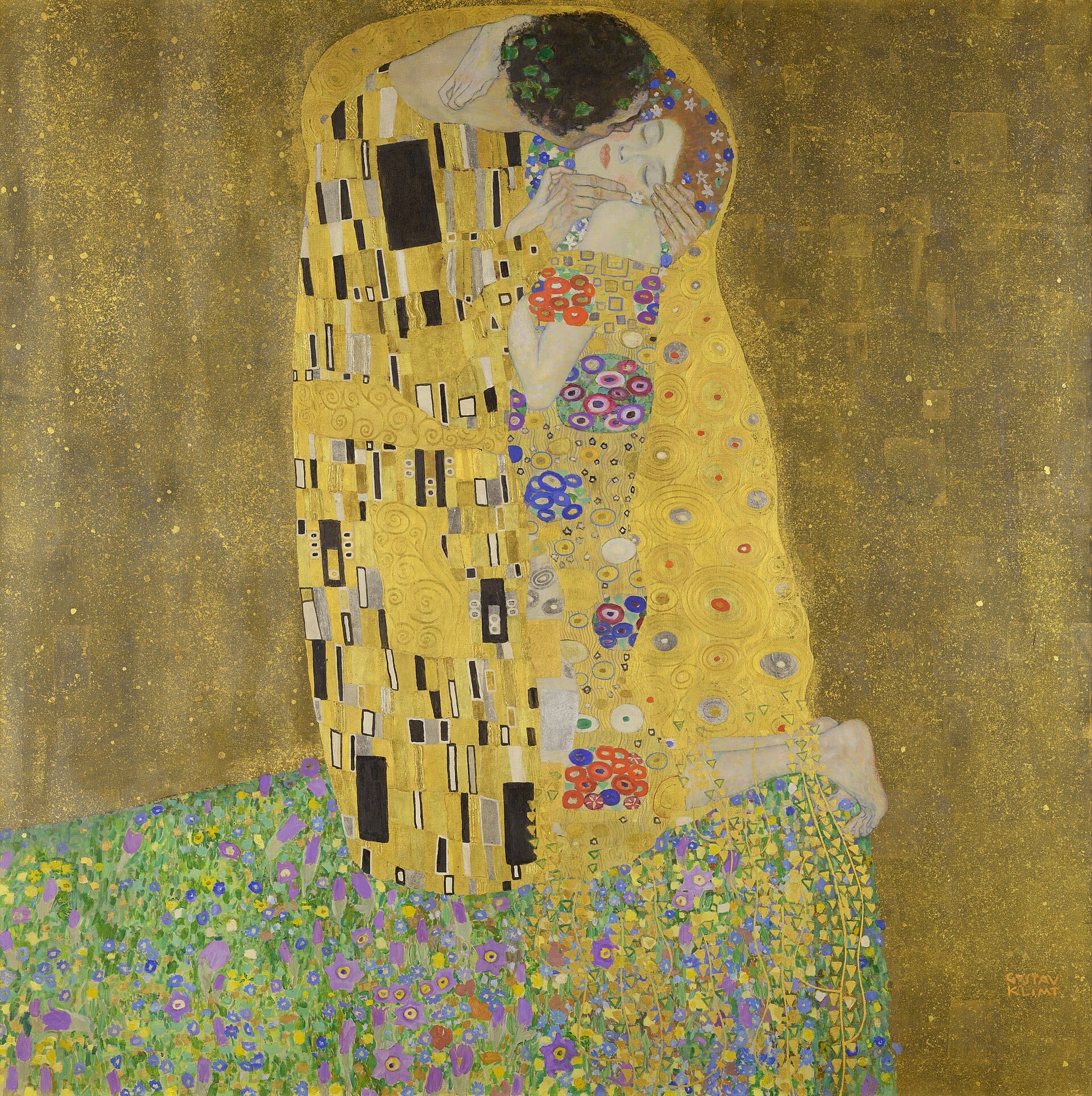 Le Baiser de Gustav Klimt, couple enlacé dans un manteau d’or, symbole de sensibilité, de vulnérabilité et d’abandon amoureux.