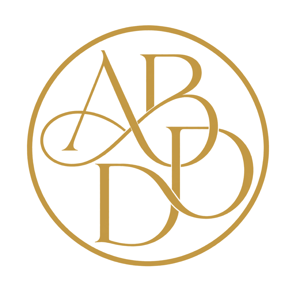 Logo ABDD Au Bonheur Des Dames, monogramme circulaire doré entrelaçant les lettres A B D D